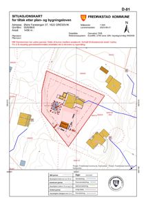 Situasjonskart for tomt i Fredrikstad kommune med bygningssoner, grenser og topografi.