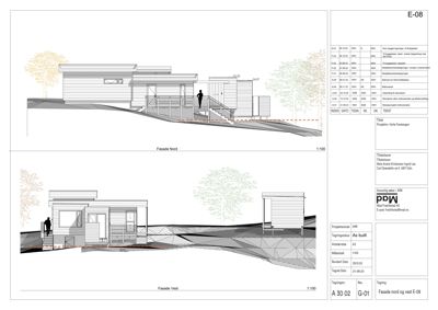 Fasadetegning (opprikk) av en bygning sett fra nord og vest, inkludert terrengform og detaljer.