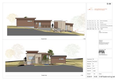 Fasadetegning som viser bygningens utseende fra nord og vest, inkludert materialvalg, trapp og terrengforhold.