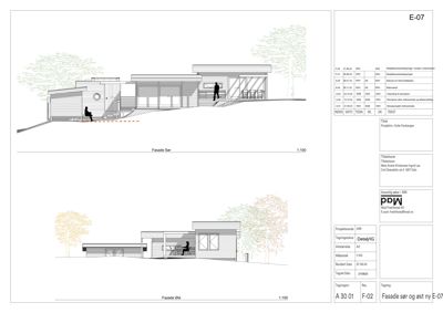 Fasadetegning som viser bygningens utseende fra sør og øst, inkludert detaljer om materialer og trapp.