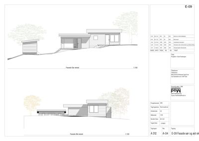 Fasadetegning som viser bygningens utseende sett fra sør og øst, inkludert terrengforhold og trapper.