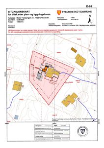 Situasjonskart som viser eiendomsgranser, naboeiendommer og bygningers plassering i forhold til hverandre.