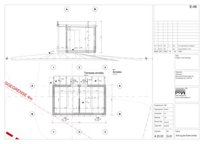 Snittegning (E-06) som viser tverrsnitt gjennom et planlagt annekts første etasje, inkludert takkonstruksjon, vindusdetaljer og grunnplan.
