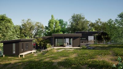 3D-visualisering av et moderne hus med mørk fasade, plassert på en grønn, skogkledt tomt.