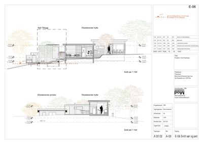 Snittegning (Snitt sør og øst) som viser bygningens tverrsnitt, høyder, terrengforhold og konstruksjon.