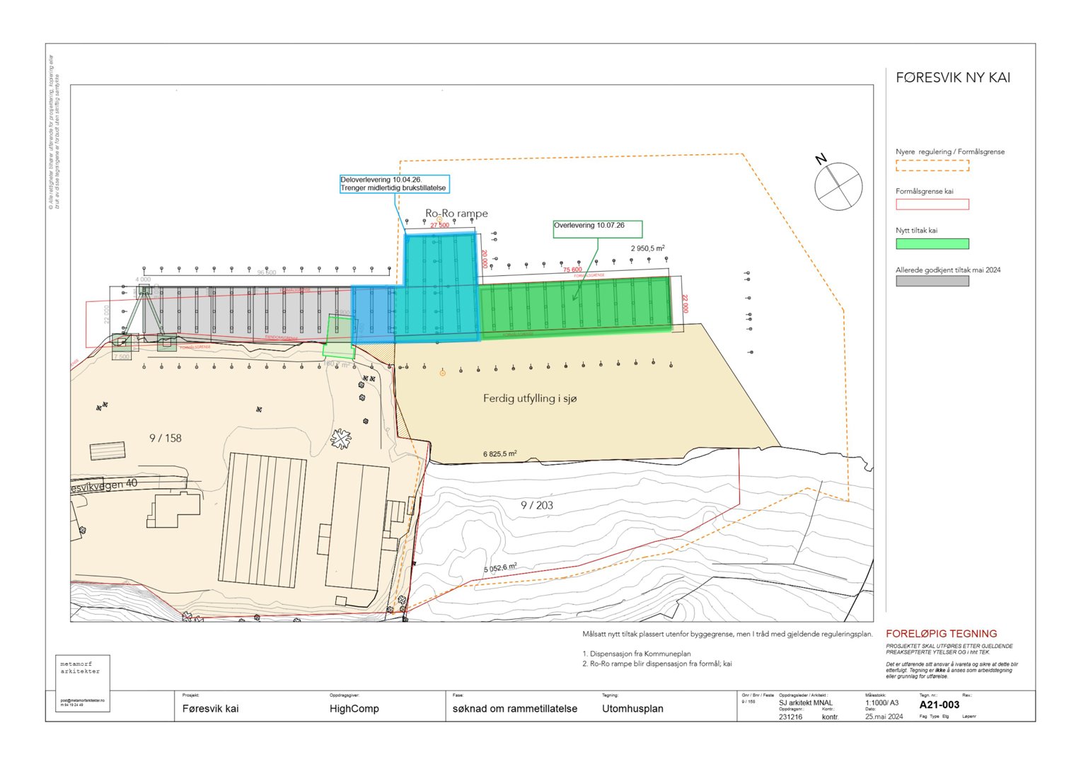Situasjonsplan som viser ny kai, reguleringsgrenser og forhold til eksisterende bygninger.