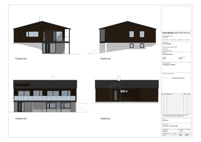 Bildet viser fire fasadetegninger av en bolig (nord, syd, vest, øst) med arkitekttegningens detaljer.
