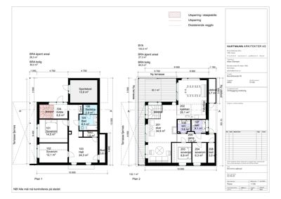 Etasjeplaner (Plan 1 og Plan 2) som viser romfordeling, areal og veggposisjon for en bolig.