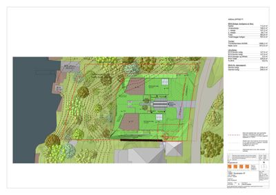 Situasjonsplan som viser tomtens beliggenhet, beplantning, bygningers plassering og arealoppsitt.