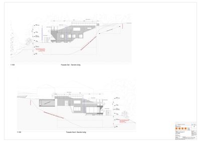 Tegning som viser fasadeopprikk (elevation) av en bygning sett fra nord og sør, inkludert mål, vindusoppsitt og terrengforhold.
