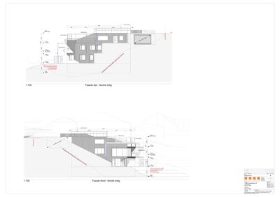 Tegninger som viser fasadeopprikk for en bolig (Nord og Sør-fasade) med mål og detaljer.