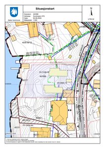 Situasjonskart som viser eiendommen 40/599 i forhold til nabolaget, med vei, vann og andre eiendommer.