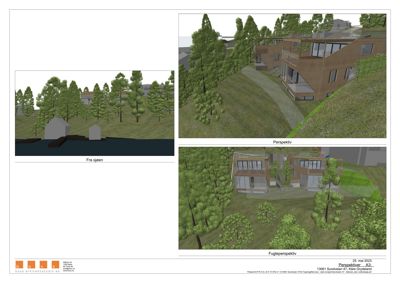 Tre 3D-perspektivtegninger av en planlagt bygning i et naturomgitt landskap.