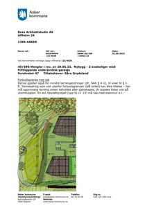 Situasjonsplan som viser tomtens beliggenhet, forbudsgrense mot sjø, terrengendringer og plassering av nybygg.