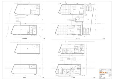 Etasjeplaner for en bygning som viser romfordeling, vegger og dører for kjeller, 1. etasje, 2. etasje og underetasje.