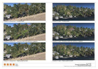 Bildet viser en serie med 3D-perspektivtegninger (renderinger) av et byggeprosjekt sett fra ulike vinkler (fra Nesøya-broen og fra sjøen).