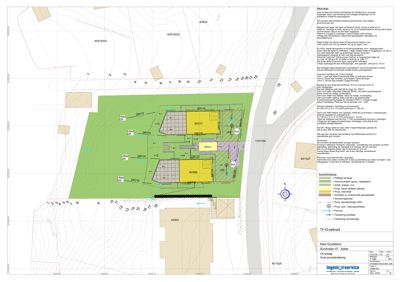 Situasjonsplan som viser tomtens grenser, nabobebyggelse, terrengforhold og plassering av nye og eksisterende bygninger.