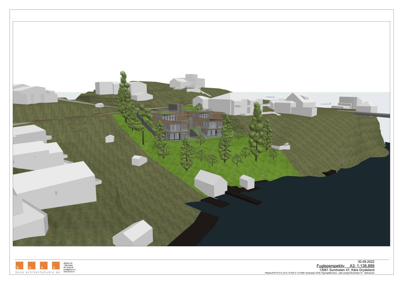 Fugleperspektiv (3D-visualisering) av et hus på en tomt med omgivende bebyggelse og natur.