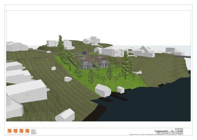 Fugleperspektiv (3D-visualisering) av et hus på en tomt med omgivende bebyggelse og natur.