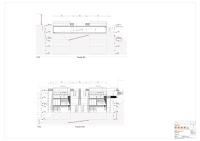 Tegning som viser fasadeoppsett for bygningen sett fra øst og vest, inkludert detaljer om vinduer, dører, materialer og høyder.