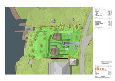 Situasjonsplan som viser tomtens form, terrengforhold (konturlinjer), plassering av bygninger, trær og arealoppgjør (BTA/BRA).