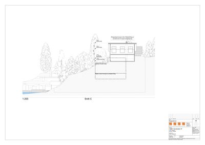 Snittegning (Snitt C) som viser bygningens tverrsnitt, høydemålinger og terrengforhold.