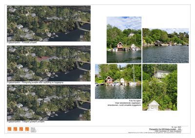 En samling bilder som viser eksisterende og planlagte bygninger, inkludert 3D-perspektiver fra GEOdata-modell og foton fra sjøen.