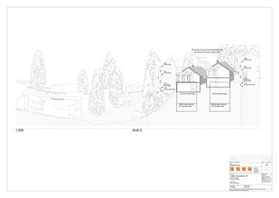 Snittegning (Snitt D) som viser bygningens tverrsnitt, høyder, terrengforhold og omgivelser.
