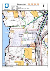 Situasjonskart som viser eiendommen 40/599 i Sundveien 47A, med omgivende tomter, infrastruktur og topografi.