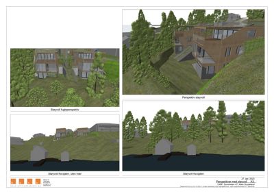 Bildet viser en samling av 3D-perspektivtegninger (renderinger) av et hus i et landskap, inkludert etasjeplaner og utsnitt fra ulike vinkler.