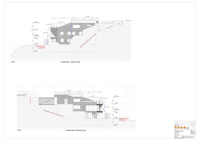 Tegninger som viser fasadeoppsett for to boliger (Sør og Nord) med mål, høyder og detaljer.