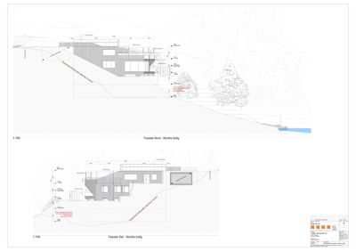 Bildet viser to fasadetegninger (Nord og Sør) for en bolig, inkludert skråning, terreng og detaljer.