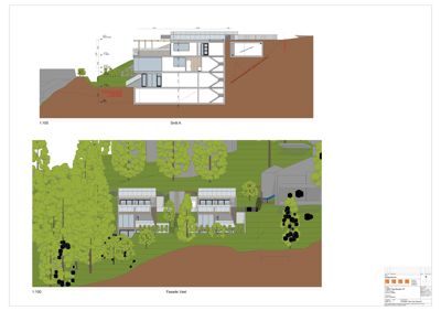 Bildet viser to arkitektoniske tegninger: øverst et snitt (Snitt A) og nederst en fasade (Fasade Vest) av en bygning i et skogsmiljø.