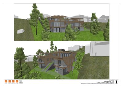 3D-visualisering (rendering) av et hus sett fra to ulike vinkler, inkludert omgivelser som trær og terreng.