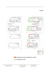 Etasjeplaner for 1., 2. og 3. etasje med markeringer for lyddempende vinduer og tett rekkverk.