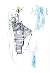 En håndtegnet 3D-visualisering (rendering) av en hytte sett fra siden, med skisse over omgivelsene.