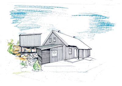 En håndtegnet illustrasjon (rendering) av en hytte eller hus sett fra utsiden, med skisse over himmel og omgivelser.