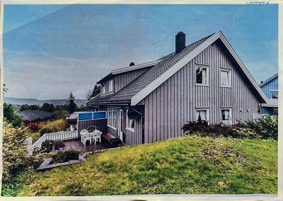 Fotografi av en eksisterende villa sett fra siden, med omgivelser og hage.