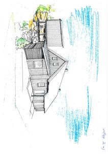 En håndtegnet fasadetegning som viser bygningens utside, takform og omgivende landskap.