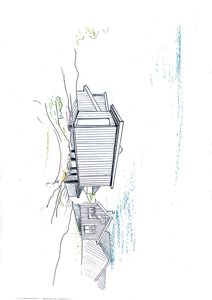 En håndtegnet fasadetegning som viser en bygning sett fra siden, med skisse over terreng og nabolag.