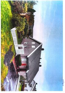 Fotografi av en eksisterende eller planlagt enebolig sett fra siden, med omgivelser som hage og vei.