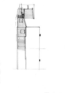 En tegning som viser fasaden (opprikket) til en bygning sett fra siden, med detaljer om vinduer og takform.
