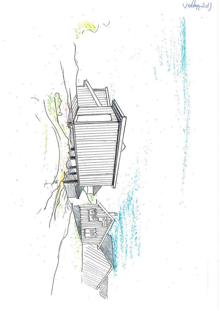 En håndtegnet illustrasjon (rendering) av en bygning sett fra utsiden, sannsynligvis en fasade eller situasjonsvisning, med farger som viser terreng og vann.