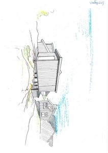 En håndtegnet illustrasjon (rendering) av en bygning sett fra utsiden, sannsynligvis en fasade eller situasjonsvisning, med farger som viser terreng og vann.
