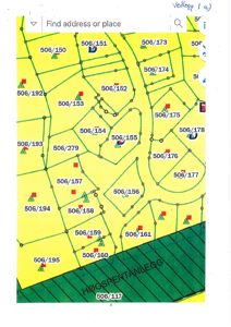 Tomtekart eller situasjonsplan som viser eiendomsnummer (f.eks. 506/150) og grenser for grunntomter.