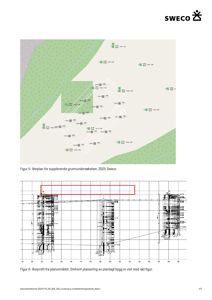 Bildet viser en situasjonsplan (borprofil) som illustrerer grunnforholdene i et planlagt område, inkludert terrengform og plassering av bygninger.