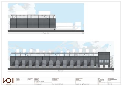 Bildet viser to fasadetegninger (Fasade Vest og Fasade Sør) av en bygning, inkludert detaljer om vinduer, takkonstruksjon og skilt.