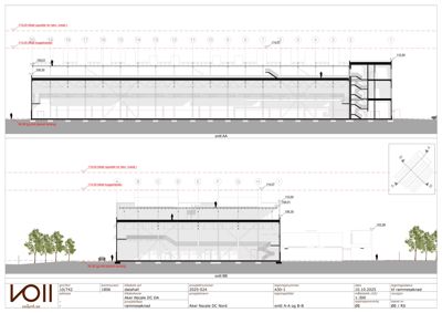 Snittegning (snitt AA og snitt BB) som viser bygningens tverrsnitt, høyder, innvendig oppbygning og relasjon til terreng.