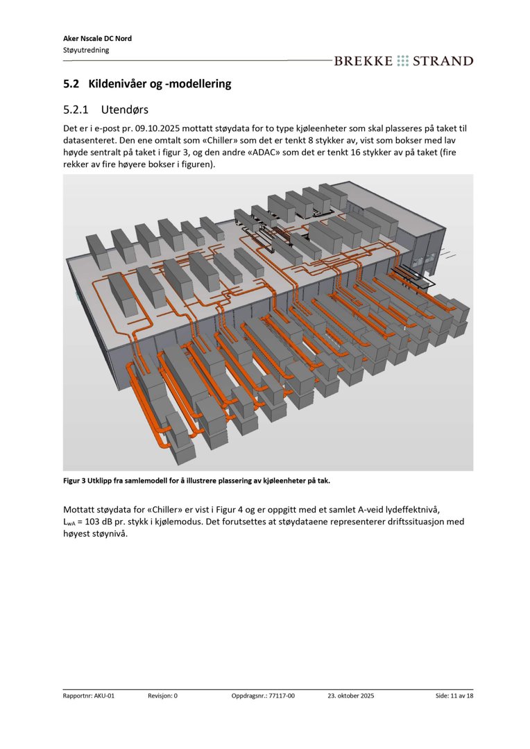 3D-visualisering (utklipp fra samlemodell) som illustrerer plassering av kjøleenheter på taket til et datasenter.