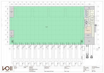 Etasjeplan (Plan 1. etg) som viser romfordeling, vegger og innganger for et bygg.